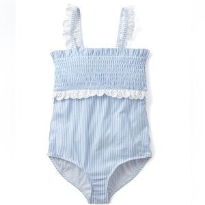NWT Crown & Ivy Girls Blue and White Striped One Piece Swimsuit Size 7